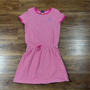 Polo Ralph Lauren Pink White Stripe Short Sleeve Cinch Waist Cotton Dress M 8-10